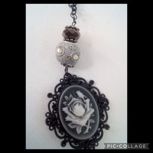 Black and Gray Rose Cameo Necklace